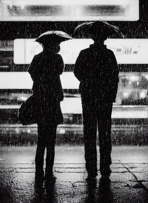 Prompt: a grainy vintage photograph of a boy and girl at night at a bus station in the rain falling in love