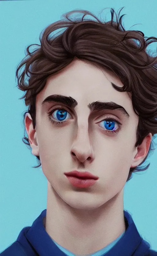 Prompt: portrait of a masculine 3 0 year old empeoror with thin face lines like timothee chalamet, have mi - long brown hair and blue eyes ( completely blue, without white, just blue ), very beautiful portrait, low angle, realistic anime style and perfect art, trending on artstation, good and dramatic lighting