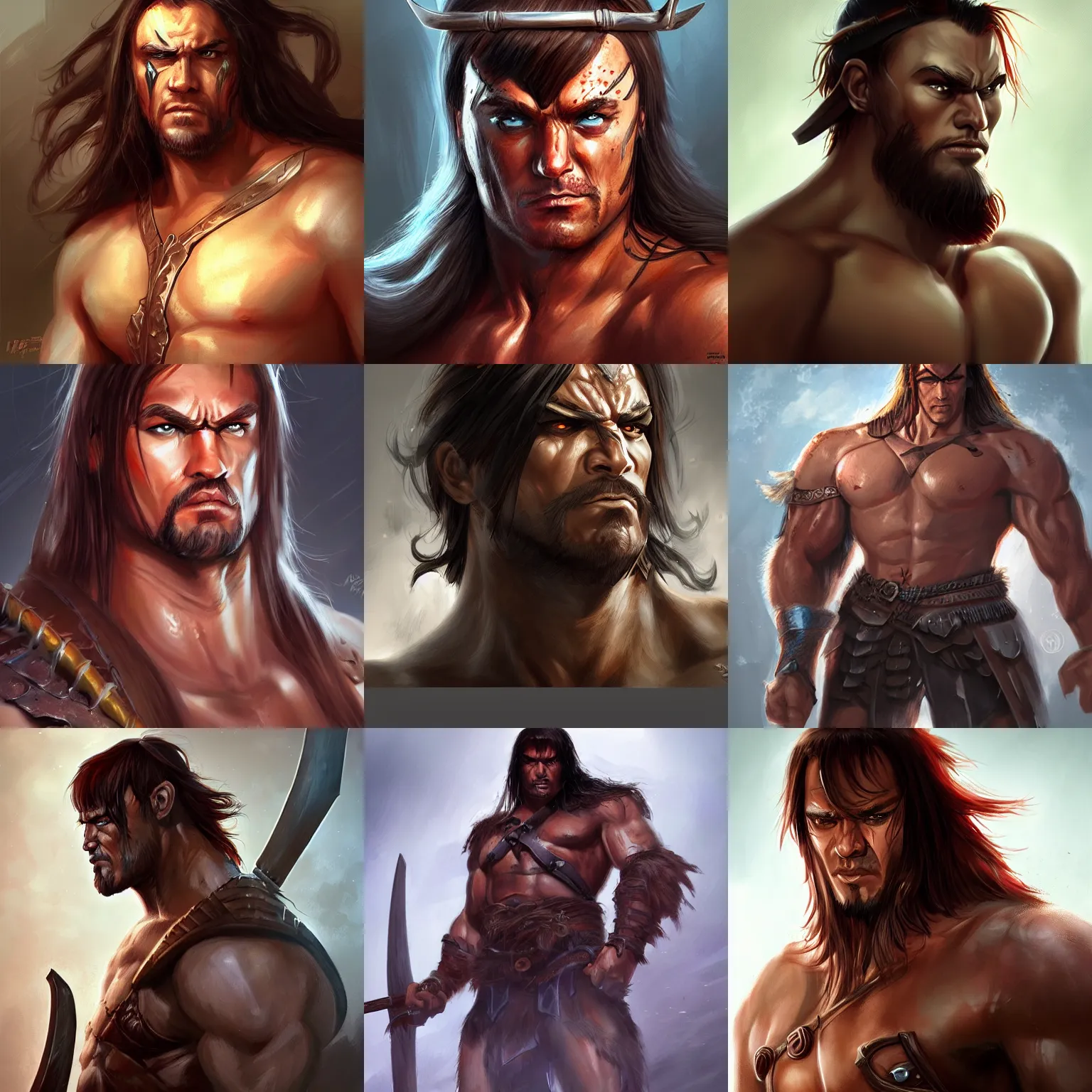 Prompt: character concept portrait, conan barbarian hero, digital painting, concept art, smooth, sharp focus, illustration, artgerm