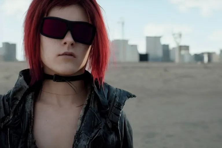 Prompt: closeup young trained female cyberpunk assassin, sunglasses, died hair, shag cut by emmanuel lubezki