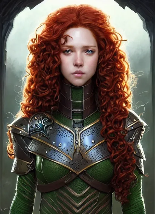 Image similar to ranger, light armor!!! long curly red hair!! covered chest!!! green eyes, fantasy, d & d, intricate ornate details, digital painting, pretty face!!, symmetry, concept art, sharp focus, illustration, art by artgerm! greg rutkowski magali villeneuve wlop! ilya kuvshinov!!, octane render