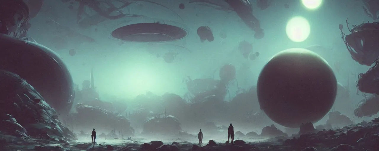 Image similar to ” outer planet with thick fog and alien artefacts, [ cinematic, detailed, epic, widescreen, opening, establishing, mattepainting, photorealistic, realistic textures, octane render, art by paul lehr ] ”