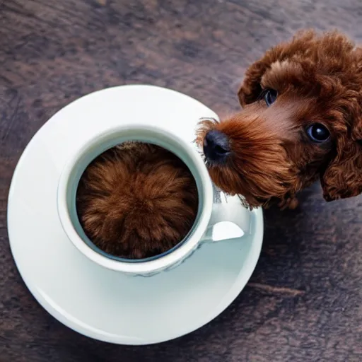 Prompt: very realistic cute brown poodle puppy sitting inside a tea cup