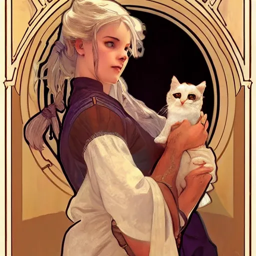 Prompt: Ciri holding a cat, beautiful lighting, expressive comic art, trending on artstation, digital art, by Alphonse Mucha, highly detailed