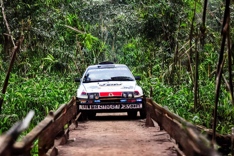 Image similar to a group B rally car driving around over a wooden bridge in the Cambodian swamps, high-speed sports photography