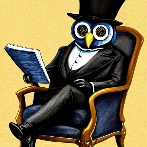 Image similar to a well-dressed owl wearing a monocle and a top hat, sitting in an armchair and reading a book, digital painting, concept art