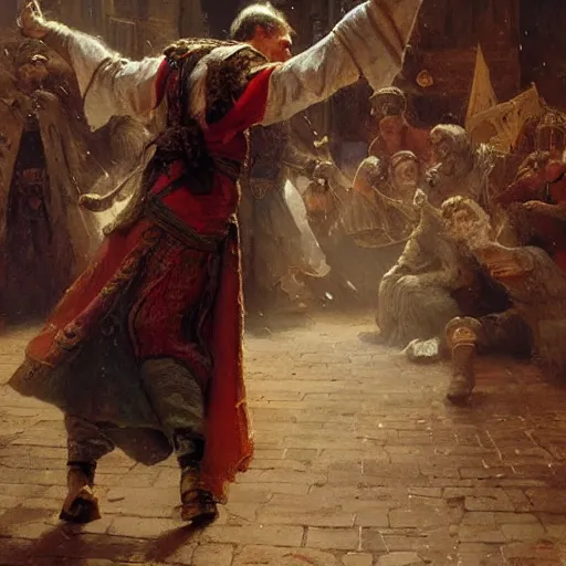 Image similar to an elated medieval chancellor, dancing a jig, character portrait by greg rutkowski, gaston bussiere, craig mullins