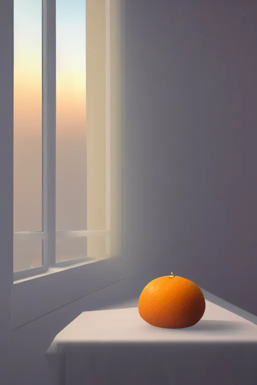 Image similar to a giant cubic orange and yellow crystal on a white table near a window at sunset, hyperrealistic, highly detailed, high qualit, 8K, godrays, warm lighting, path traced, high coherence, calm, macro photo, symmetrical, photorealistic, low contrast, serene landscape, beautiful, geometric, 3D render, octane render, unreal engine 5