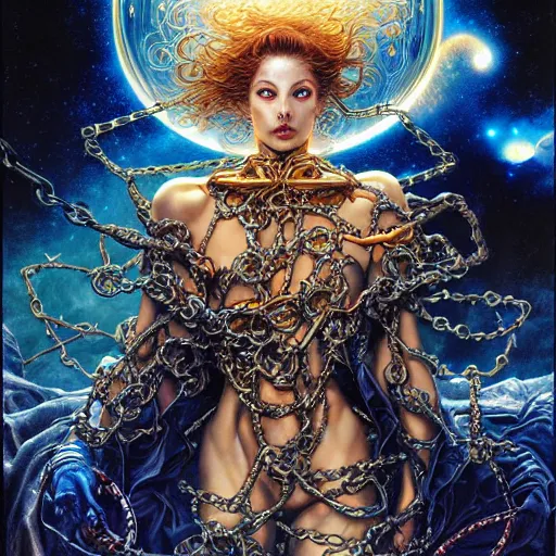 Prompt: uhd hyperrealistic photorealisitc detailed image of cosmic souls chained to a token, by ayami kojima, amano karol bak, greg hildebrandt and mark brooks