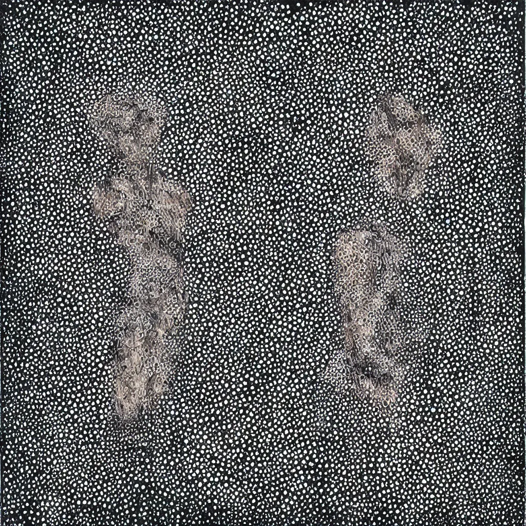 Image similar to camo made of out teeth, smiling, abstract, maya bloch artwork, do hoang tuong artwork, cryptic, dots, stipple, lines, splotch, concrete, color tearing, uranium, neon, pitch bending, faceless people, dark, ominous, eerie, minimal, points, technical, painting