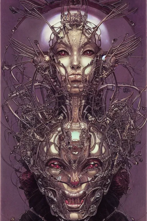 Image similar to portrait of mad alien robot queen, symmetrical, by yoichi hatakenaka, juan gimenez, brom, karol bak, alphone mucha, gustave dore, takato yamamoto, james jean