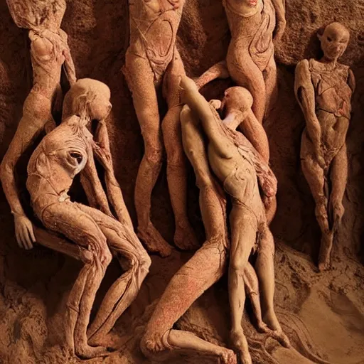 Image similar to dmt bodies. Mesh of human figures intertwined. earthen colors. Beautiful, realistic, extremely anatomical marble sculptures. Disturbing scene. Tangled human forms. A sea of bodies sculpted by August Rodine.