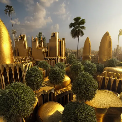 Prompt: gardens of Babylon made of gold towers, architecture, realistic, epic scale, mountains, palm trees, dramatic lighting, 8k, post processing, trending on artstation, environment highly detailed