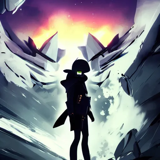 Image similar to poster soldier in trench coat looking up at crystal, hyperlight drifter, black color smoke, black rock shooter, wallpaper, hollow knight