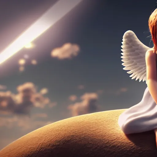 Image similar to photo of cute angel with a halo sitting on a cloud, ultra realistic, concept art, intricate details, highly detailed, photorealistic, octane render, 8 k, unreal engine,