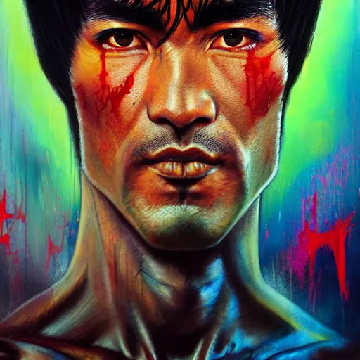 Image similar to a demon slayer portrait of bruce lee, tall, pale - skinned, and slender with lime green eyes and long eyelashes by stanley artgerm, tom bagshaw, arthur adams, carne griffiths, trending on deviant art, street art, face enhance, chillwave, maximalist, full of color, glittering