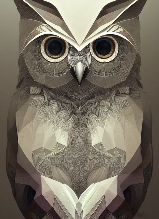 Image similar to portrait of a geometric owl, identical eyes, medium shot, illustration, full body made of white feathers, symmetrical, art stand, super detailed, cinematic lighting, and its detailed and intricate, gorgeous, by peter mohrbacher