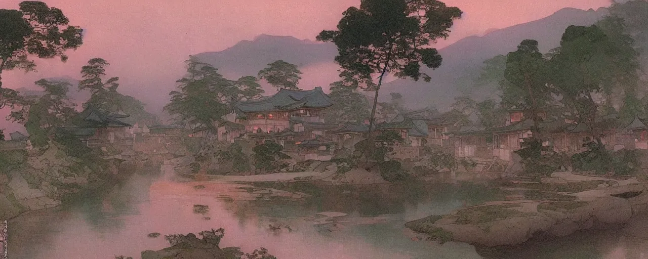 Image similar to a beautiful painting of an ancient japanese town nearby a small river in the evening by alfons maria mucha and ivan aivazovsky, ultra detailed, volumetric lighting, pink vibe