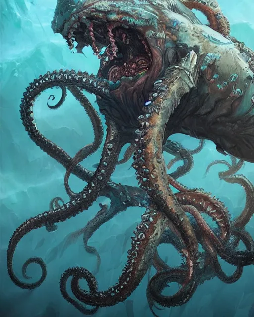 Image similar to A sea color Kraken, terrifying, highly detailed, fantasy art, monster art, in the style of greg rutkowski, illustration, epic, fantasy, intricate, hyper detailed, artstation, concept art, smooth, sharp focus, ray tracing