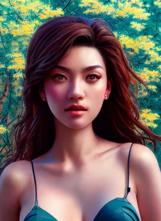 Image similar to photo of a gorgeous female in the style of stefan kostic, realistic, professionally, professionally color graded, half body shot, sharp focus, 8 k high definition, insanely detailed, intricate, elegant, art by stanley lau and artgerm, bokeh foliage