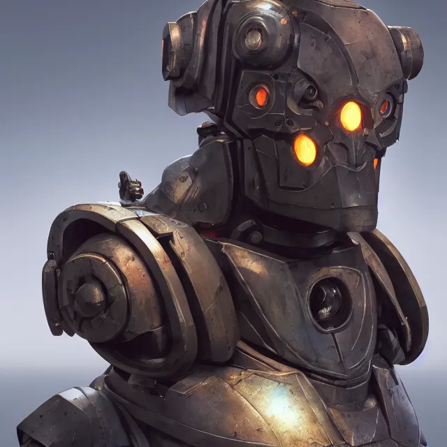 Image similar to hyper realistic bust of warhammer robot cinematic, artstation, cgsociety, greg rutkowski, james gurney, mignola, craig mullins, brom