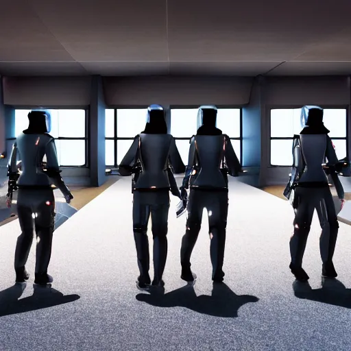 Image similar to a squad of futuristic security boarding a spaceship