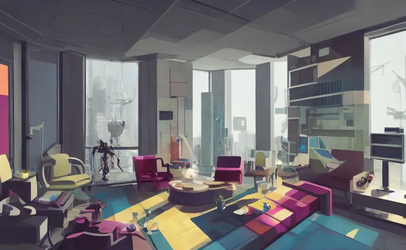 Image similar to Interior shot of a futuristic brutalist studio apartment with computers and colourful furniture by Petros Afshar and Beeple, James Gilleard, Mark Ryden, Wolfgang Lettl highly detailed