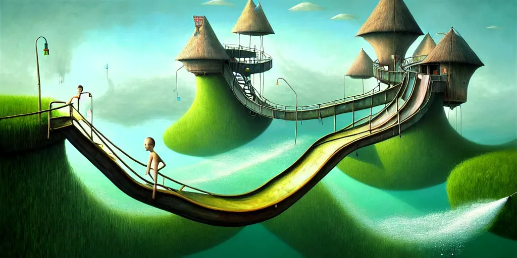 Image similar to gediminas pranckevicius waterpark painting by cinematic lighting, epic composition, highly detailed, infinite patch, fun, happy, ride, very long, endeless