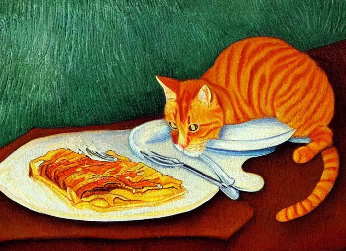 Image similar to detailed realistic realism painting of orange tabby cat eating lasagna at dusk, in the style of vincent van gogh and salvador dali and leonardo da vinci