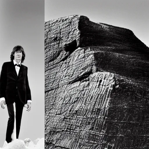 Prompt: mick jagger in front of a huge black monolith, monolith landscape, from the movie 2 0 0 1 a space oddisey directed by stanley kubrick, detailed photo,