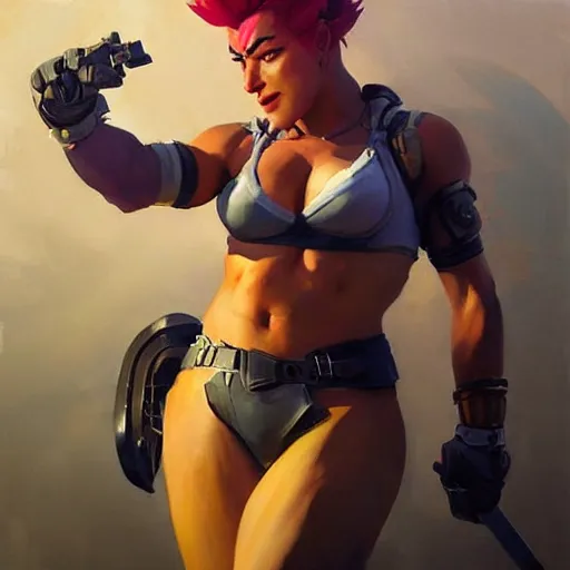 Prompt: greg manchess portrait of zarya from overwatch, medium shot, asymmetrical, profile picture, organic painting, sunny day, matte painting, bold shapes, hard edges, street art, trending on artstation, by huang guangjian and gil elvgren and sachin teng