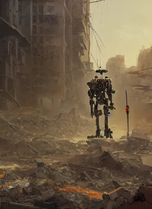 Image similar to A bipedal mech standing among the rubble of a destroyed city, artstation, mecha, military science fiction, digital painting, gritty, 4k, art by Simon Stålenhag