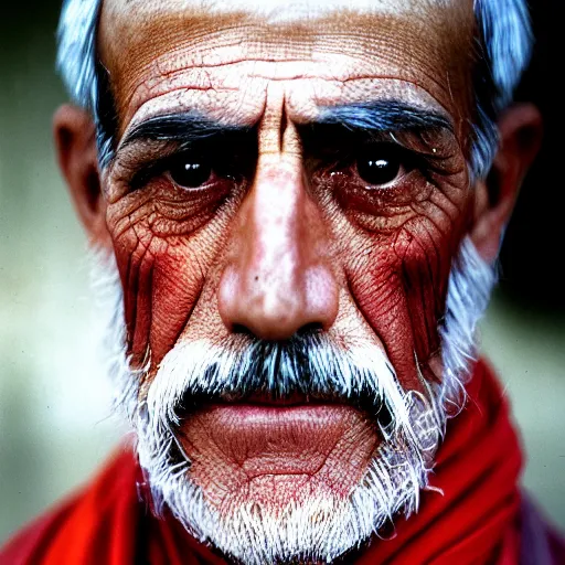 Image similar to portrait of president woodrow wilson as afghan man, green eyes and red scarf looking intently, photograph by steve mccurry