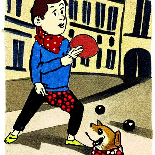 Image similar to illustration of french boy on the streets of paris playing football against a corgi, the dog is wearing a polka dot scarf, comic, 1 9 7 2