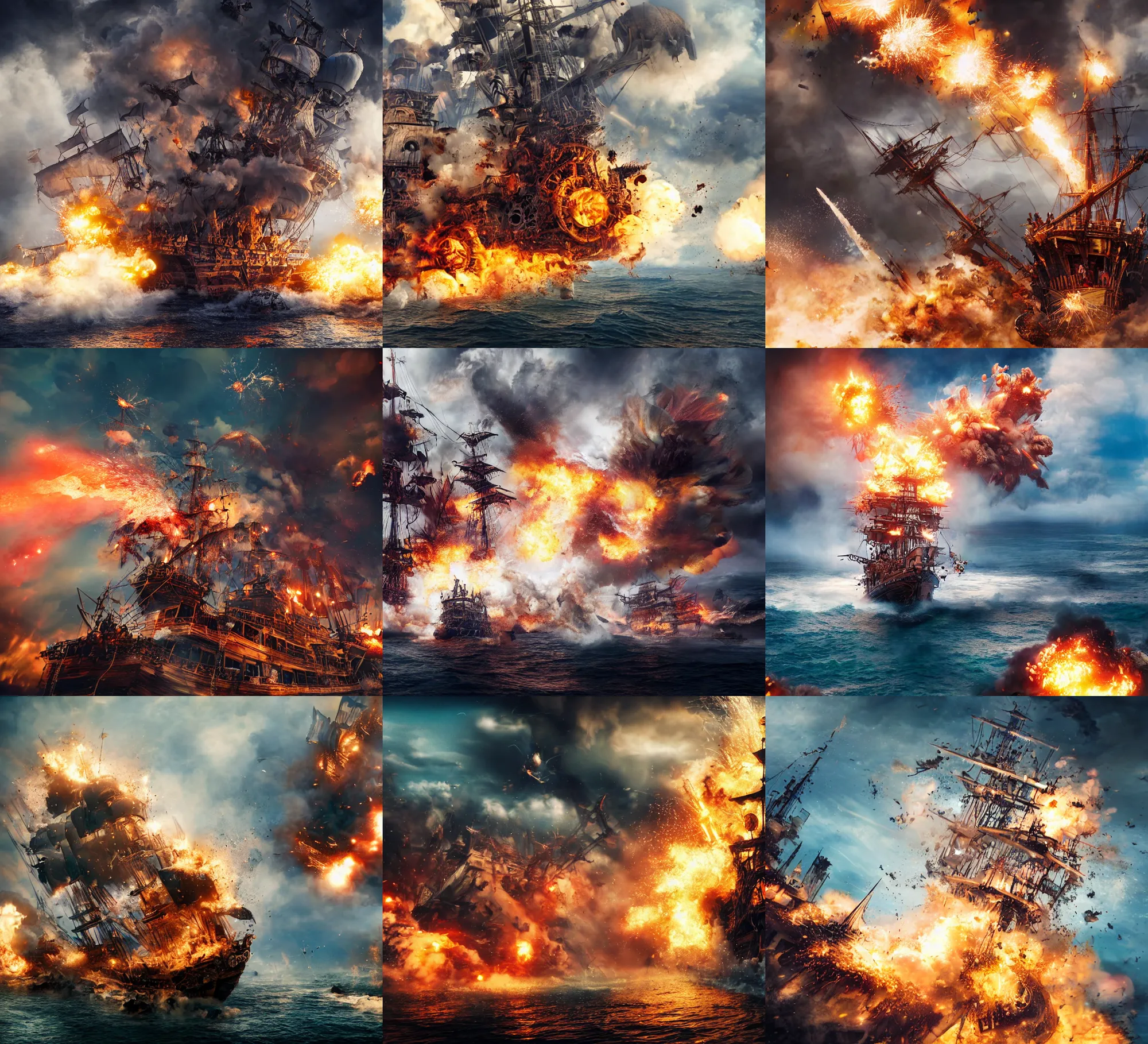 Prompt: highly detailed ink action photography of an explosion on a pirate ship, fast shutter speed, high speed, action photo, 1 / 1 0 0 0 sec shutter, vfx particle simulation, octane render, clean shaped illustration by eiichiro oda