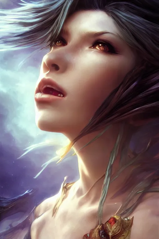 Image similar to seductive looking final fantasy x, windy hair!!, screaming, surreal dark fantasy, cinematic volumetric lights, full body portrait, dnd, intricate, elegant, highly detailed, digital painting, artstation, concept art, smooth, sharp focus, illustration, art by artgerm and tom bagshaw and greg rutkowski and alphonse mucha