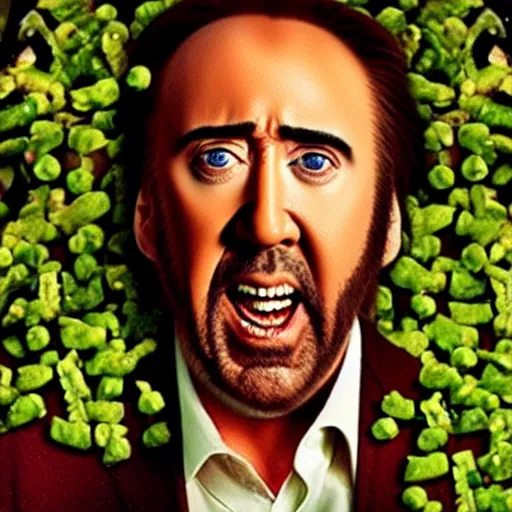 Image similar to nicolas cage trapped in a wicker cage with peas on his face, screaming, movie still, hdr