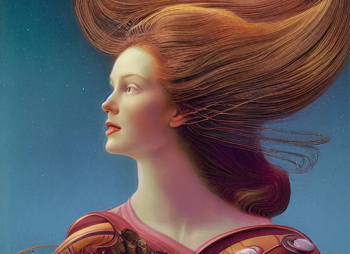 Image similar to portrait of a woman with swirling hair, illustration by James C. Christensen, retrofuturism, reimagined by industrial light and magic