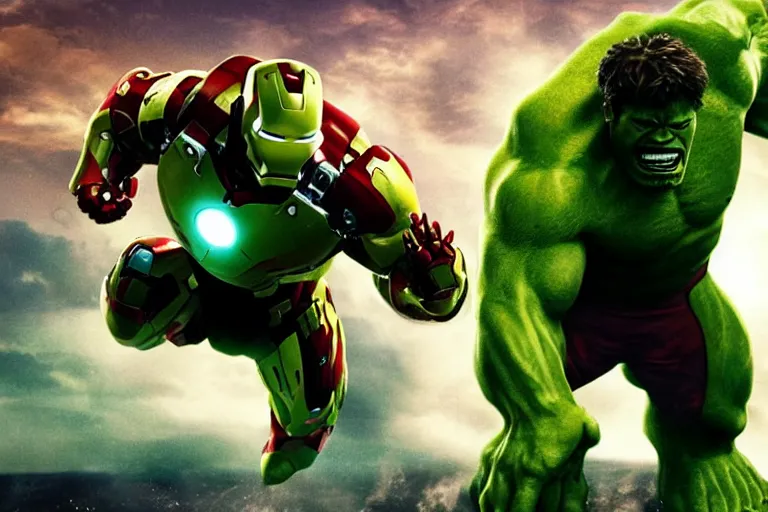 Image similar to ironman riding the hulk in a race, cinematic imax shot, retro, hyper detailed, windy mane, motion still