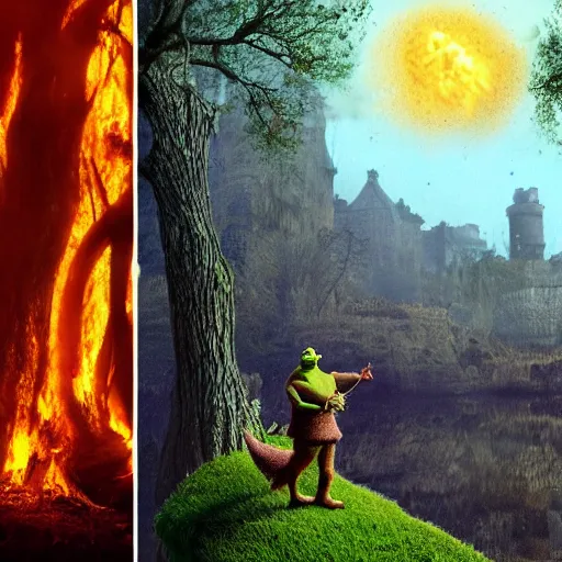 Image similar to shrek next to an oak tree aflame, still, fog in background, dantes inferno, evil album cover