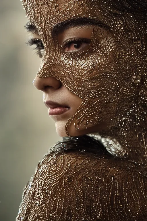 Image similar to full shot of a regal brown woman wearing an intricate and detailed armor made of dew drops. multiple layers. reflections. morning dew. textures. delicate. translucent. studio portrait. photorealistic. octane render