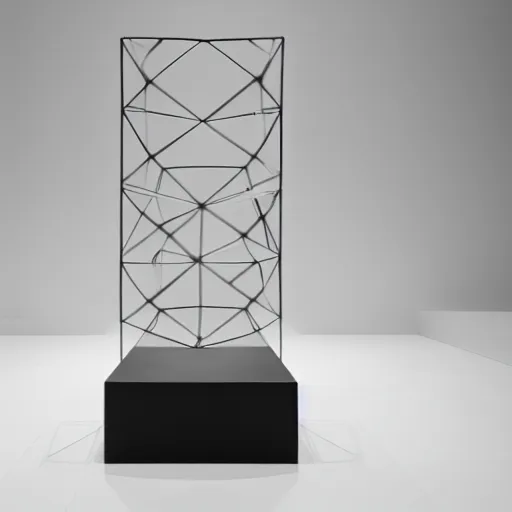 Image similar to a conceptual polygonal mesh object on a pedestal in a vast white room, courtesy of Centre Pompidou, archival pigment print