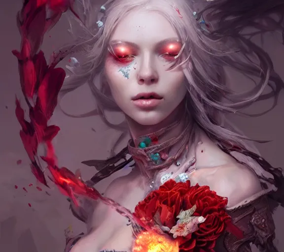 Prompt: beautiful girl necromancer covered with crystals exploding blood, 3 d render, hyper realistic detailed portrait, holding magic flowers, ruan jia, wlop. scifi, fantasy, hyper detailed, octane render, concept art, peter mohrbacher