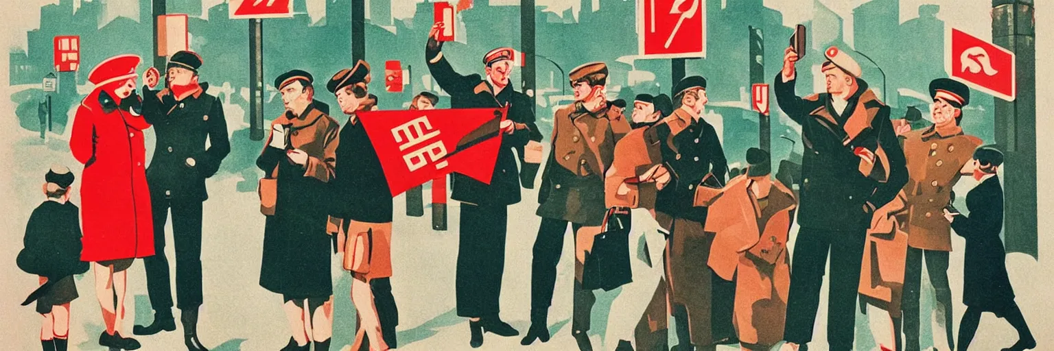 Image similar to A lot of people are standing at traffic lights and looking at their phones. soviet propaganda style