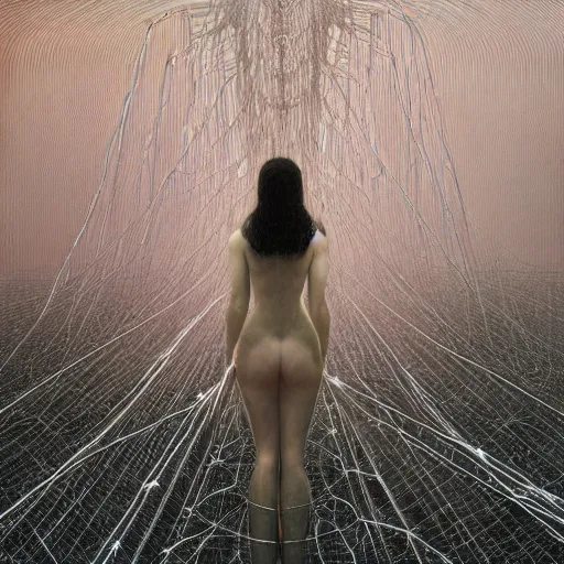 Image similar to Woman, body covered in spiky tesseract-shaped ice crystals on skin, 150mm, shiny, flat background, glowing, wires everywhere, by Edgar Maxence and Ross Tran, Zdzisław Beksiński, and Michael Whelan, distant, gustav dore, H.R. Giger, 8k, octane render