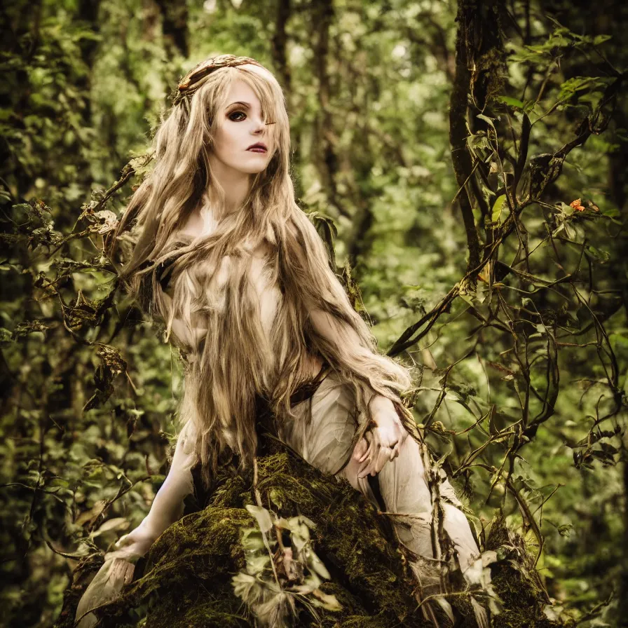 Image similar to A photo of a beautiful and dangerous Elven Queen in her forest; natural light; f/1.4; 90mm