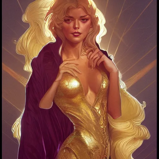 Image similar to Sandman with a gold suit, portrait, intricate, elegant, highly detailed, digital painting, artstation, concept art, smooth, sharp focus, illustration, art by artgerm and greg rutkowski and alphonse mucha