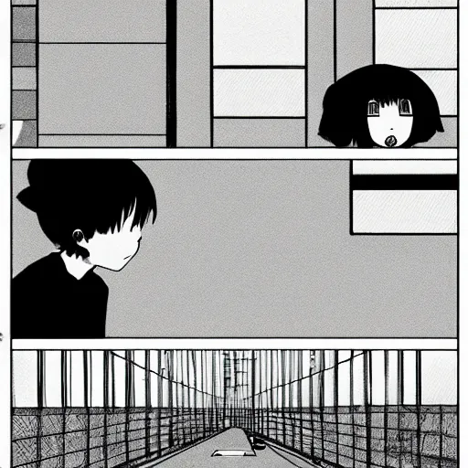 Image similar to a manga vignette with a japanese urban geometrical landscape, black and white, in style of inio asano