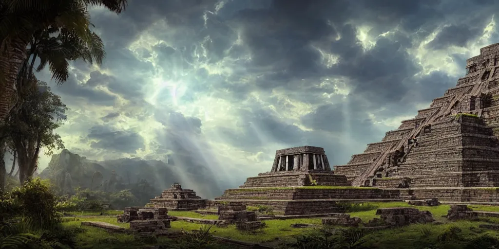 Image similar to beautiful ancient aztec temple overrun by nature, gorgeous clouds, god rays, digital art, landscape, fantasy art, octane render, ureal engine, high detail, very realistic, by greg rutkowski. by james gurney