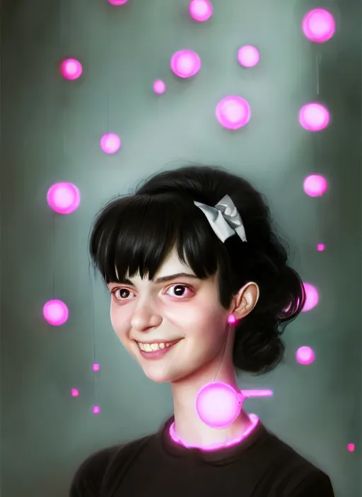 Image similar to portrait of high school girl, realistic, black hair, bangs, half updo hairstyle, pointy nose, skinny, smile, ugly, defined jawline, big chin, pink hair bow, earrings, intricate, elegant, glowing lights, highly detailed, digital painting, artstation, sharp focus, illustration, art by wlop, mars ravelo and greg rutkowski